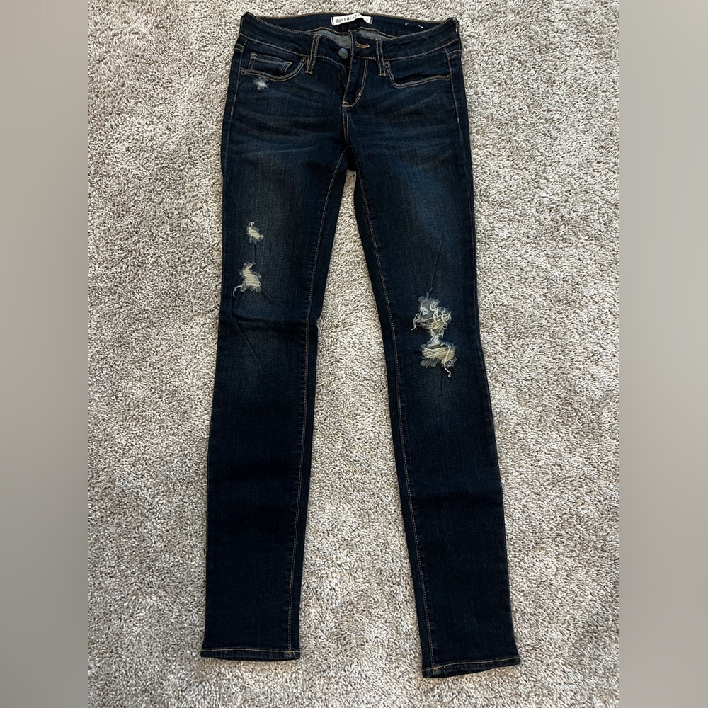 Bullhead Women's Skinny Jeans - Dark Blue with Distressed Details